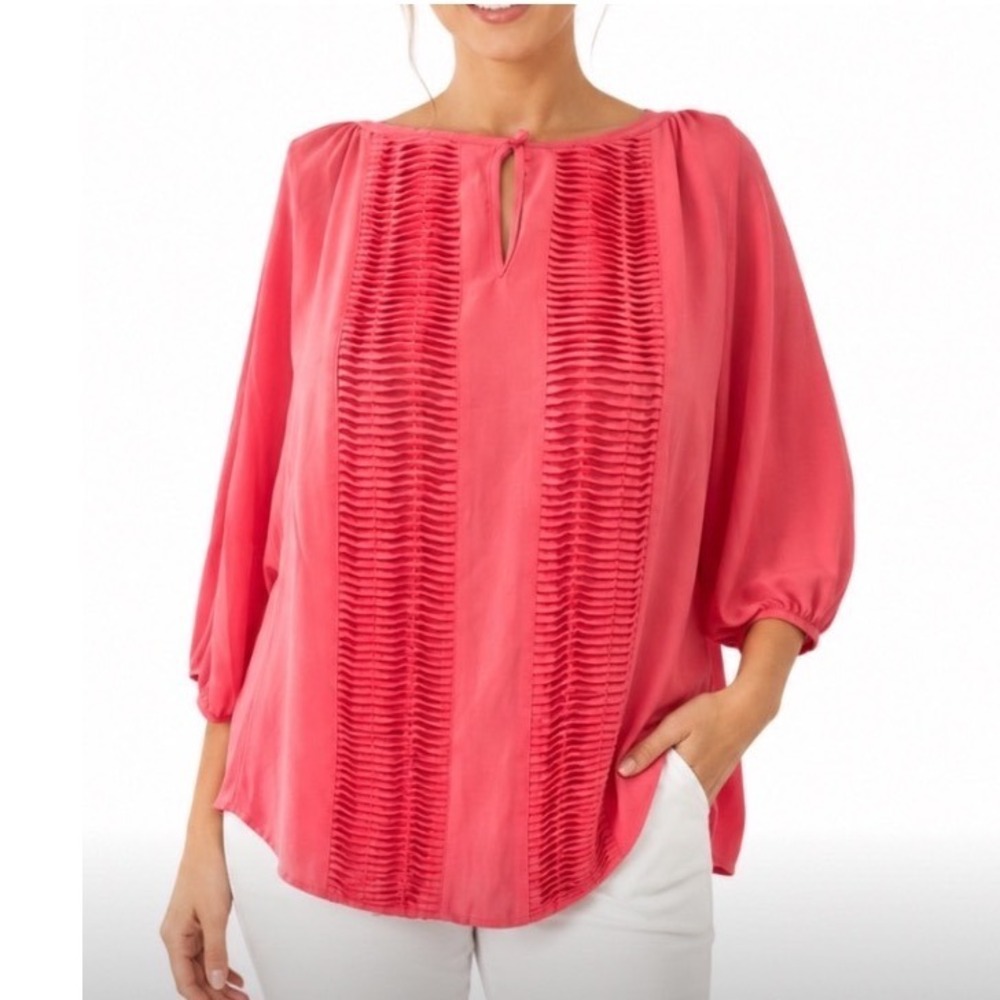 Willi Smith Blouse Womens S Coral Pink Pleated Keyhole Neck 3/4 Sleeve Top